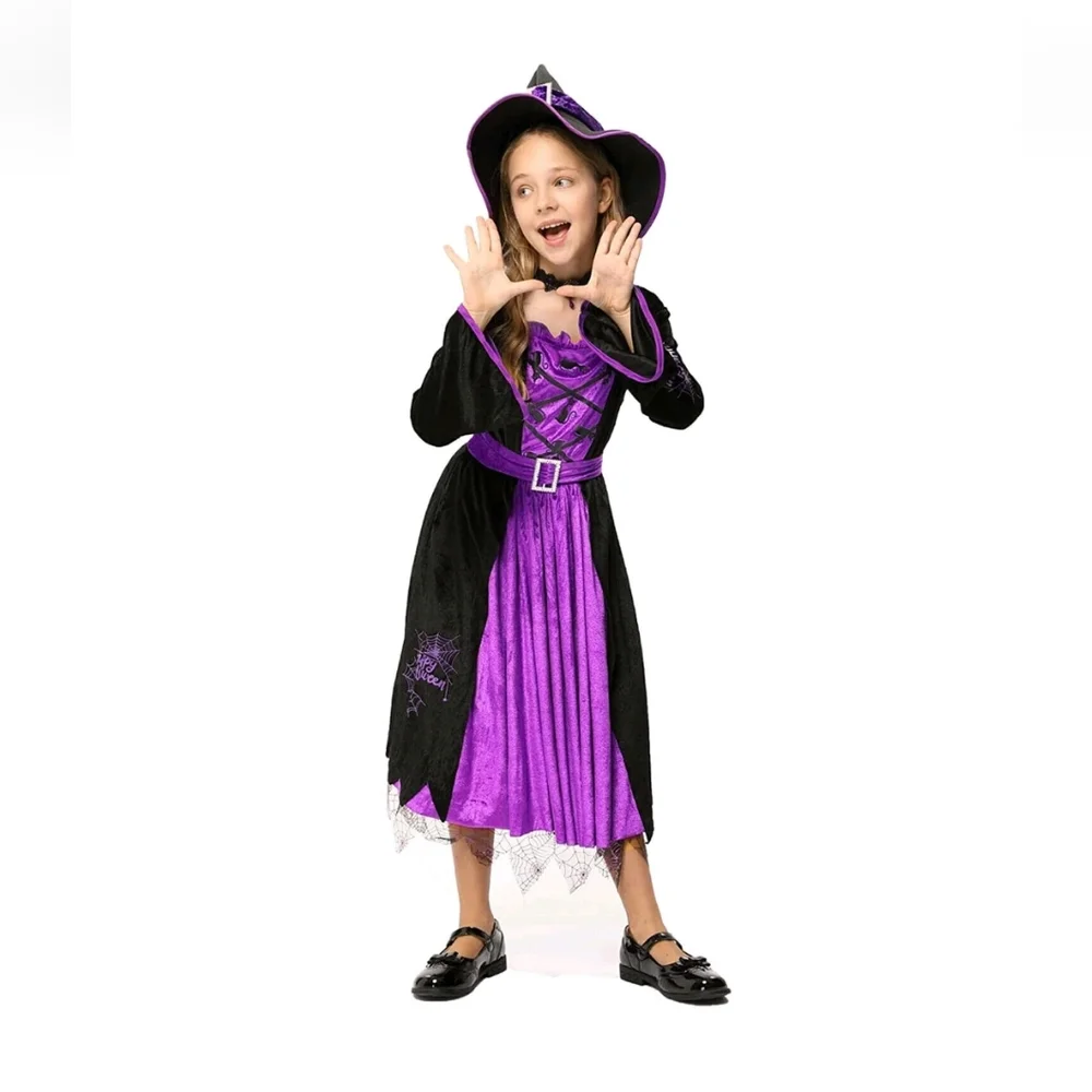 Witch Costume 5pc Halloween Set Small 5-7 Years Dress Belt Hat Choker Leggings